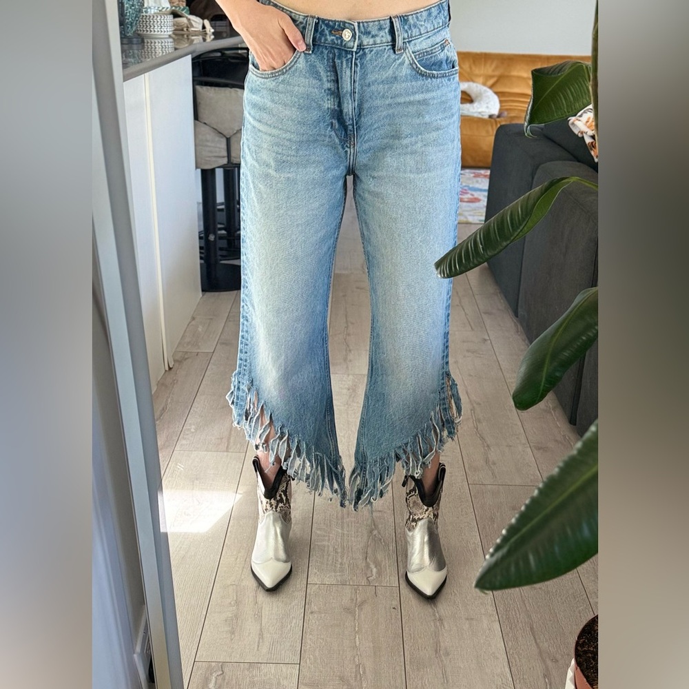 Zara Light Blue Fringed Wide Leg Jeans